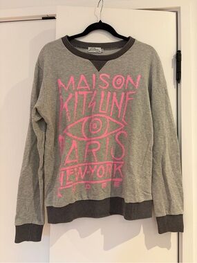 MAISON KITSUNE Gray Crewneck Sweatshirt with Pink Graphic Eye Logo